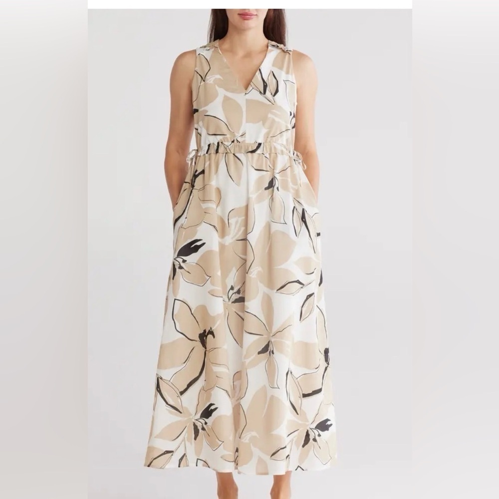 Ellen Tracy Women's Natural Floral Sleeveless
Ruffle 100% Cotton Maxi Dress NWT